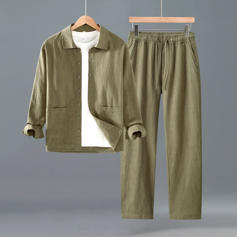 Buddha Stones Camicia e pantaloni da uomo in ramia tinta unita, casual, minimalisti, per primavera e autunno, ideali per la meditazione, con tasche. - Cachi scuro - US/UK/AU42, EU52 (3XL) - image 12