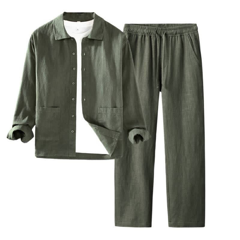 Buddha Stones Camicia e pantaloni da uomo in ramia tinta unita, casual, minimalisti, per primavera e autunno, ideali per la meditazione, con tasche. - image 3