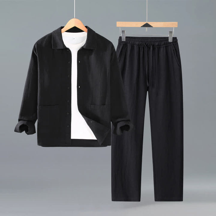 Buddha Stones Camicia e pantaloni da uomo in ramia tinta unita, casual, minimalisti, per primavera e autunno, ideali per la meditazione, con tasche. - Nero - US/UK/AU42, EU52 (3XL) - image 1