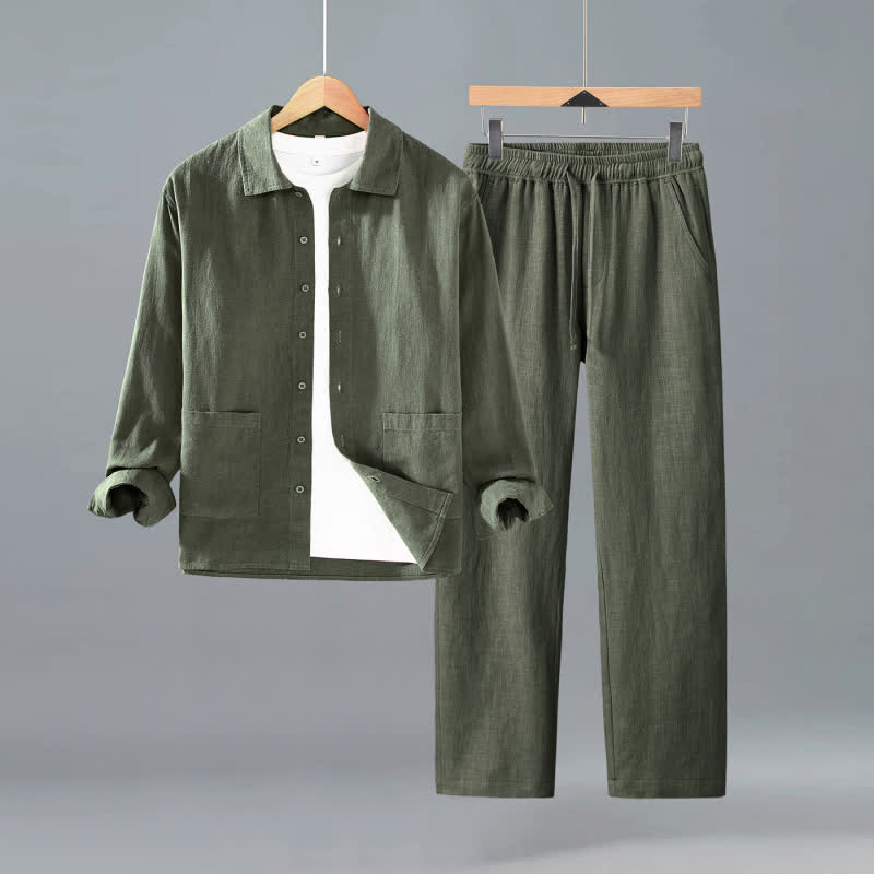 Buddha Stones Camicia e pantaloni da uomo in ramia tinta unita, casual, minimalisti, per primavera e autunno, ideali per la meditazione, con tasche. - Verde oliva scuro - US/UK/AU42, EU52 (3XL) - image 2