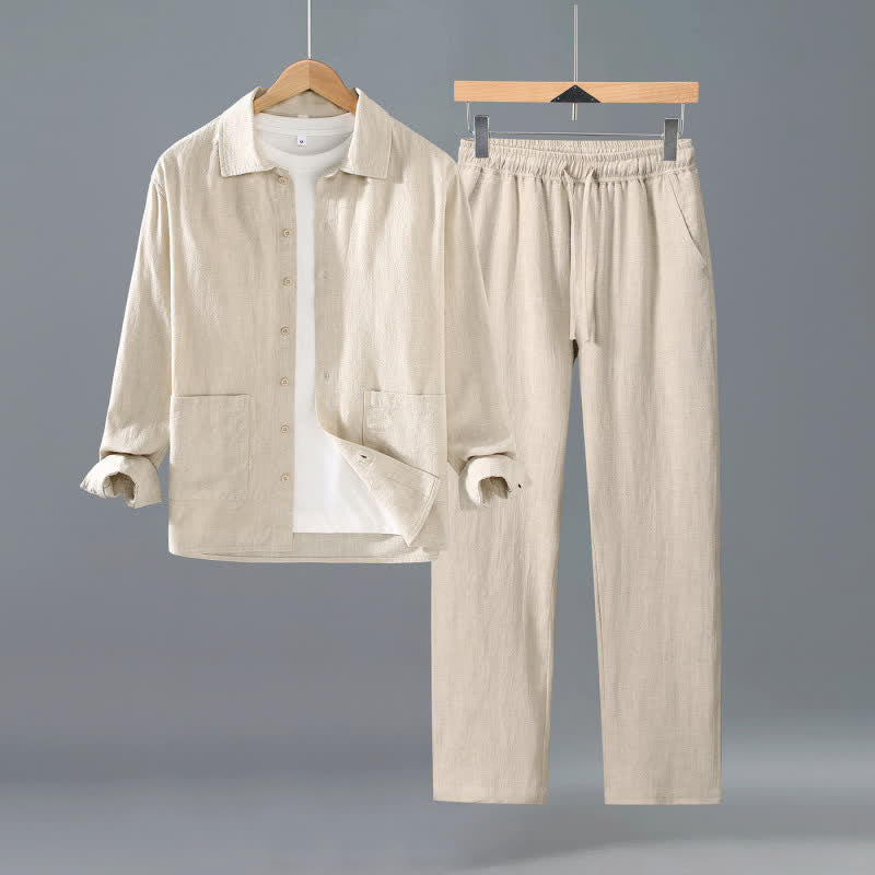 Buddha Stones Camicia e pantaloni da uomo in ramia tinta unita, casual, minimalisti, per primavera e autunno, ideali per la meditazione, con tasche. - Beige - US/UK/AU42, EU52 (3XL) - image 4