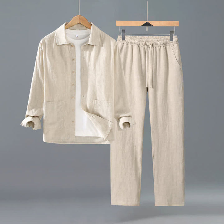 Buddha Stones Camicia e pantaloni da uomo in ramia tinta unita, casual, minimalisti, per primavera e autunno, ideali per la meditazione, con tasche. - Beige - US/UK/AU42, EU52 (3XL) - image 4