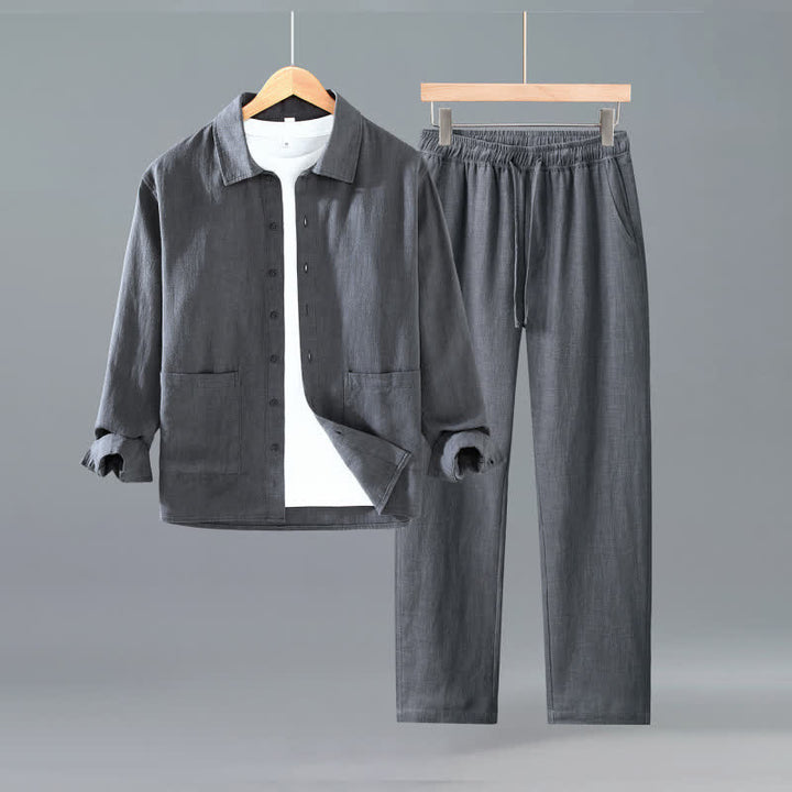 Buddha Stones Camicia e pantaloni da uomo in ramia tinta unita, casual, minimalisti, per primavera e autunno, ideali per la meditazione, con tasche. - Grigio tenue - US/UK/AU42, EU52 (3XL) - image 0