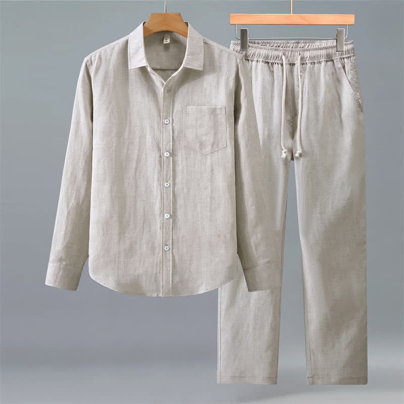 Buddha Stones Completo da uomo 2 pezzi, casual, primavera/autunno, con camicia e pantaloni a tinta unita, ideale per la meditazione e con tasche. - Beige - US/UK/AU42, EU52 (3XL) - image 0