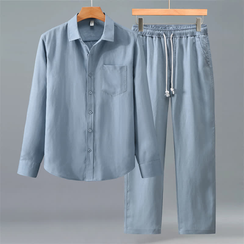 Buddha Stones Completo da uomo 2 pezzi, casual, primavera/autunno, con camicia e pantaloni a tinta unita, ideale per la meditazione e con tasche. - Blu acciaio chiaro - US/UK/AU42, EU52 (3XL) - image 12