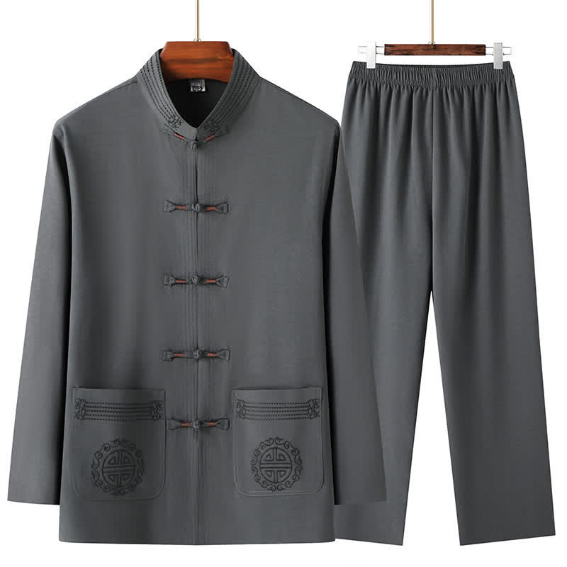 Buddha Stones Completo da uomo primavera autunno stile Tang, casual, con colletto alla coreana, bottoni a rana, tinta unita, camicia e pantaloni, abbigliamento da meditazione con tasche. - Grigio tenue - US/UK/AU44, EU54 (4XL) - image 0