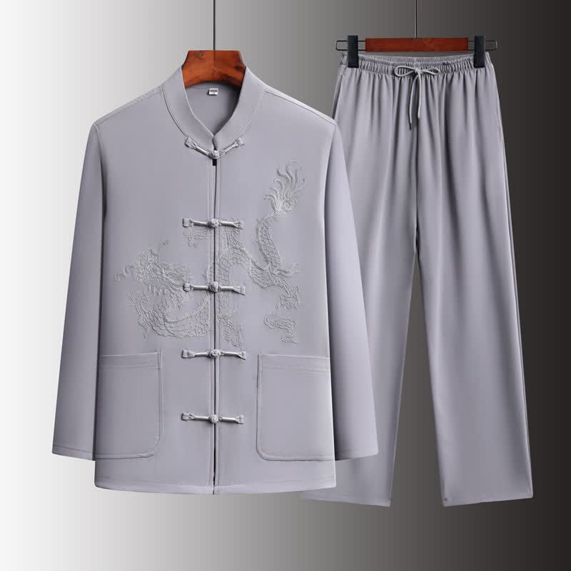 Buddha Stones Completo primavera/autunno stile Tang con colletto alla coreana, bottoni a rana, ricamo drago, camicia e pantaloni da uomo, abbigliamento da meditazione con tasche. - Grigio chiaro - US/UK/AU44, EU54 (4XL) - image 12
