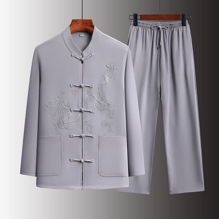 Buddha Stones Completo primavera/autunno stile Tang con colletto alla coreana, bottoni a rana, ricamo drago, camicia e pantaloni da uomo, abbigliamento da meditazione con tasche. - Grigio chiaro - US/UK/AU44, EU54 (4XL) - image 12