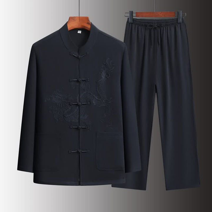 Buddha Stones Completo primavera/autunno stile Tang con colletto alla coreana, bottoni a rana, ricamo drago, camicia e pantaloni da uomo, abbigliamento da meditazione con tasche. - Blu notte - US/UK/AU44, EU54 (4XL) - image 11