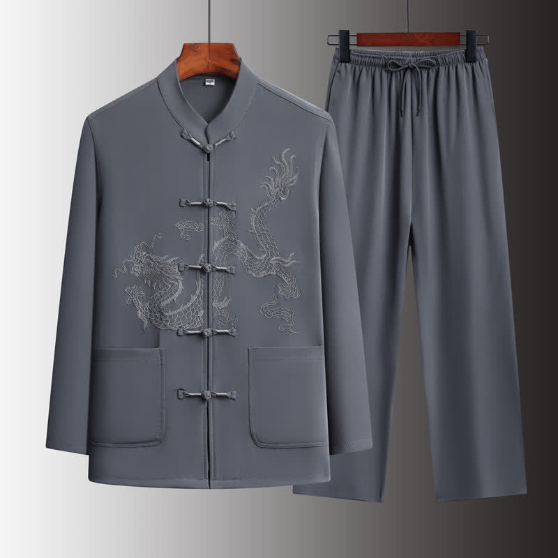 Buddha Stones Completo primavera/autunno stile Tang con colletto alla coreana, bottoni a rana, ricamo drago, camicia e pantaloni da uomo, abbigliamento da meditazione con tasche. - Grigio scuro - US/UK/AU44, EU54 (4XL) - image 0