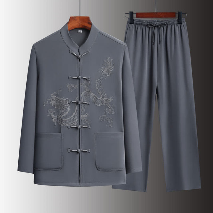 Buddha Stones Completo primavera/autunno stile Tang con colletto alla coreana, bottoni a rana, ricamo drago, camicia e pantaloni da uomo, abbigliamento da meditazione con tasche. - Grigio scuro - US/UK/AU44, EU54 (4XL) - image 0
