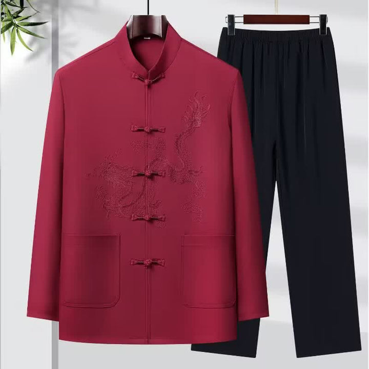 Buddha Stones Completo primavera/autunno stile Tang con colletto alla coreana, bottoni a rana, ricamo drago, camicia e pantaloni da uomo, abbigliamento da meditazione con tasche. - mattone refrattario - US/UK/AU44, EU54 (4XL) - image 10