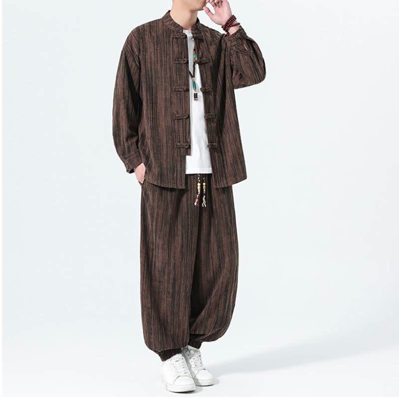 Buddha Stones Completo autunno/inverno 2 pezzi: camicia e pantaloni in velluto a coste a righe stile Tang con colletto alla coreana, abbigliamento da meditazione da uomo. - image 18