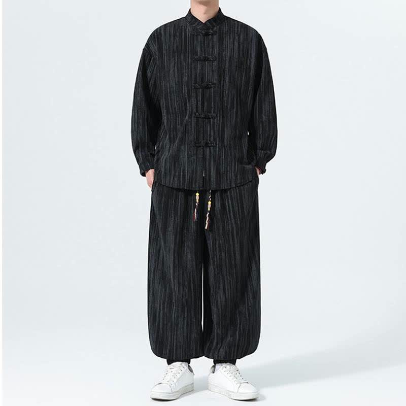 Buddha Stones Completo autunno/inverno 2 pezzi: camicia e pantaloni in velluto a coste a righe stile Tang con colletto alla coreana, abbigliamento da meditazione da uomo. - image 16