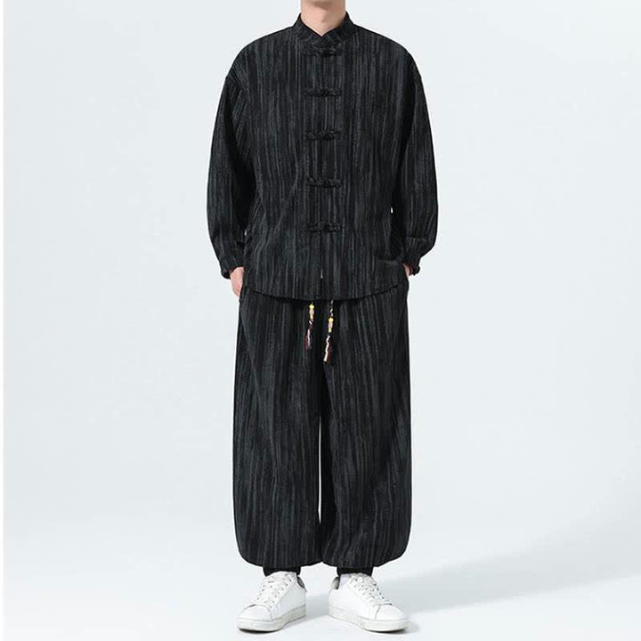 Buddha Stones Completo autunno/inverno 2 pezzi: camicia e pantaloni in velluto a coste a righe stile Tang con colletto alla coreana, abbigliamento da meditazione da uomo. - image 16
