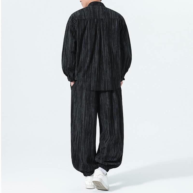 Buddha Stones Completo autunno/inverno 2 pezzi: camicia e pantaloni in velluto a coste a righe stile Tang con colletto alla coreana, abbigliamento da meditazione da uomo. - image 14
