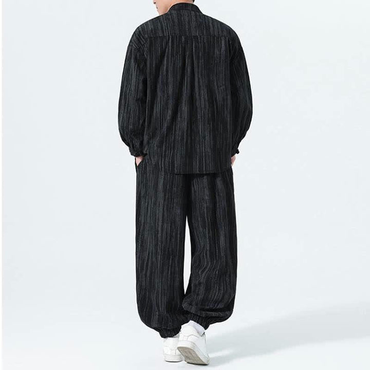 Buddha Stones Completo autunno/inverno 2 pezzi: camicia e pantaloni in velluto a coste a righe stile Tang con colletto alla coreana, abbigliamento da meditazione da uomo. - image 14