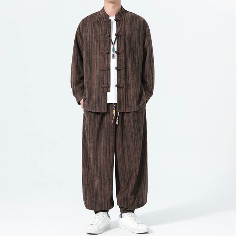 Buddha Stones Completo autunno/inverno 2 pezzi: camicia e pantaloni in velluto a coste a righe stile Tang con colletto alla coreana, abbigliamento da meditazione da uomo. - image 20