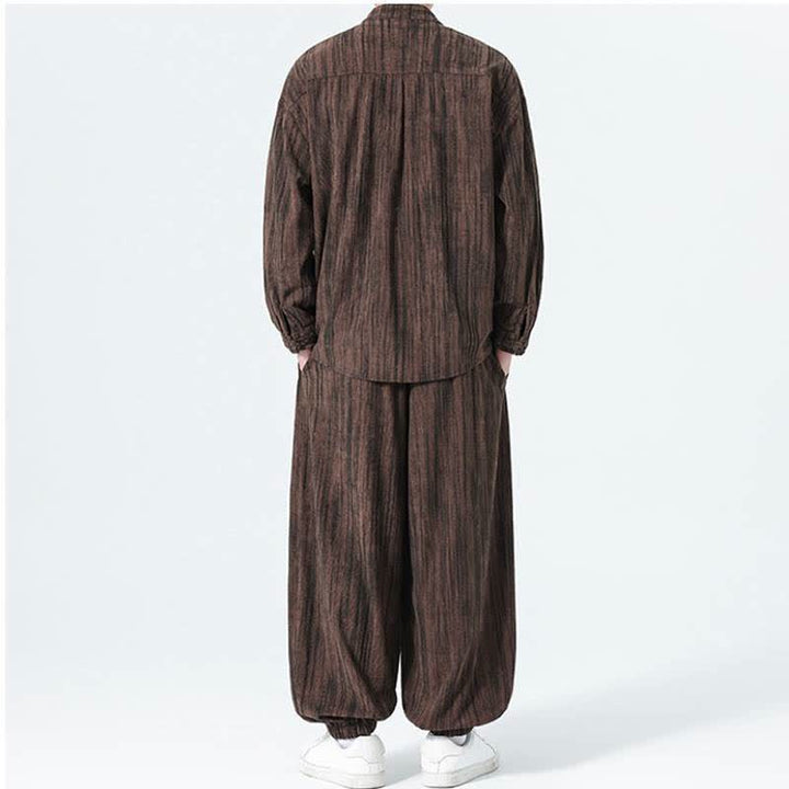 Buddha Stones Completo autunno/inverno 2 pezzi: camicia e pantaloni in velluto a coste a righe stile Tang con colletto alla coreana, abbigliamento da meditazione da uomo. - image 21