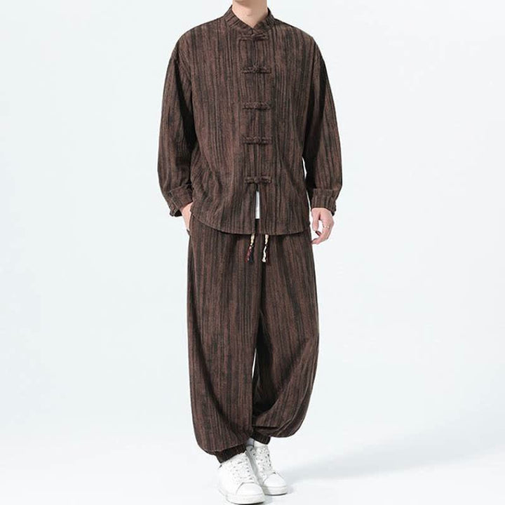 Buddha Stones Completo autunno/inverno 2 pezzi: camicia e pantaloni in velluto a coste a righe stile Tang con colletto alla coreana, abbigliamento da meditazione da uomo. - image 22