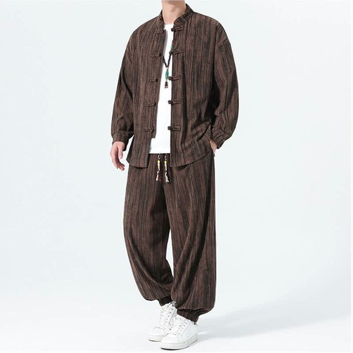 Buddha Stones Completo autunno/inverno 2 pezzi: camicia e pantaloni in velluto a coste a righe stile Tang con colletto alla coreana, abbigliamento da meditazione da uomo. - image 19