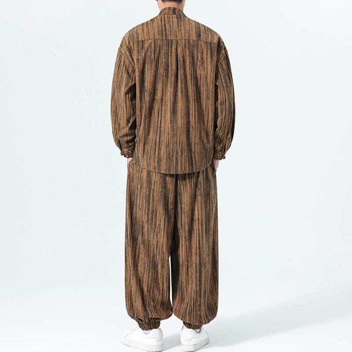 Buddha Stones Completo autunno/inverno 2 pezzi: camicia e pantaloni in velluto a coste a righe stile Tang con colletto alla coreana, abbigliamento da meditazione da uomo. - image 4