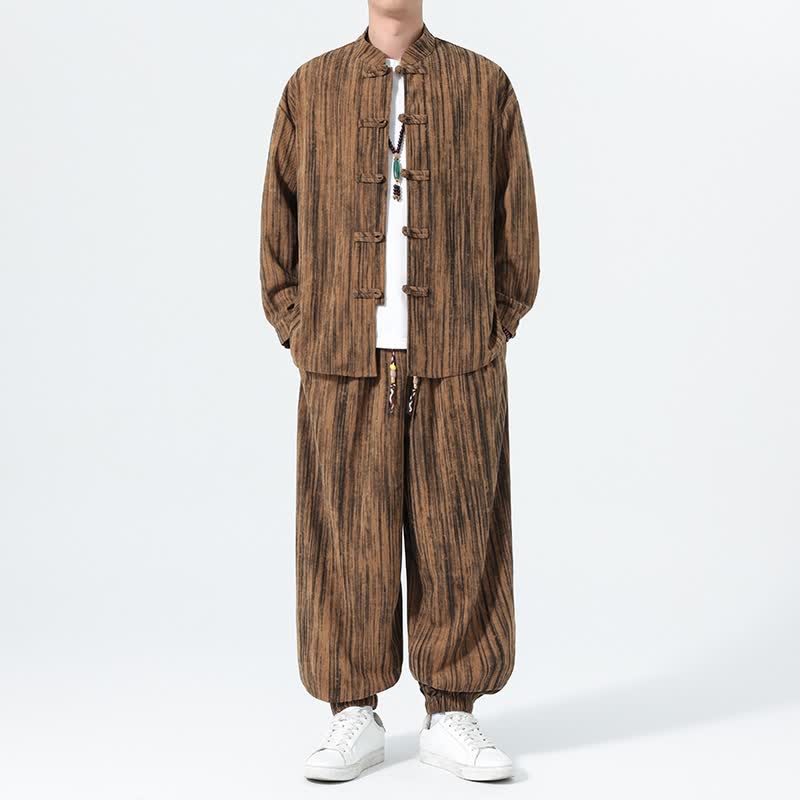 Buddha Stones Completo autunno/inverno 2 pezzi: camicia e pantaloni in velluto a coste a righe stile Tang con colletto alla coreana, abbigliamento da meditazione da uomo. - image 1