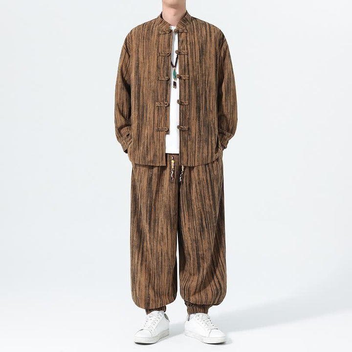 Buddha Stones Completo autunno/inverno 2 pezzi: camicia e pantaloni in velluto a coste a righe stile Tang con colletto alla coreana, abbigliamento da meditazione da uomo. - image 1