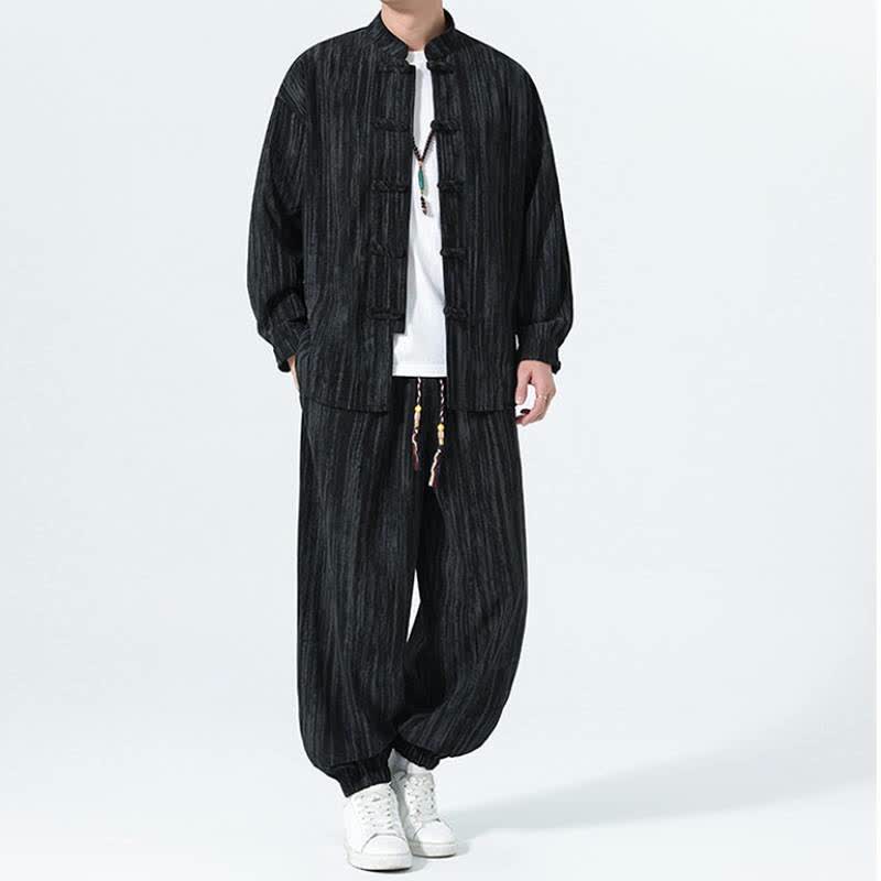 Buddha Stones Completo autunno/inverno 2 pezzi: camicia e pantaloni in velluto a coste a righe stile Tang con colletto alla coreana, abbigliamento da meditazione da uomo. - image 11
