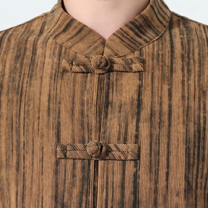 Buddha Stones Completo autunno/inverno 2 pezzi: camicia e pantaloni in velluto a coste a righe stile Tang con colletto alla coreana, abbigliamento da meditazione da uomo. - image 6