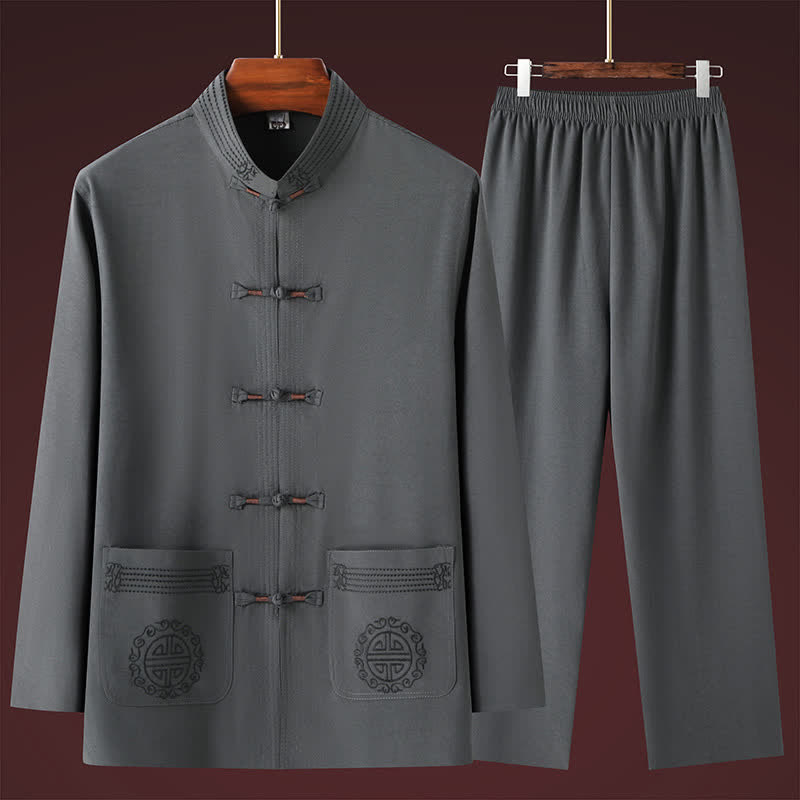 Buddha Stones Completo da uomo primavera autunno stile Tang, casual, con colletto alla coreana, bottoni a rana, tinta unita, camicia e pantaloni, abbigliamento da meditazione con tasche. - image 1
