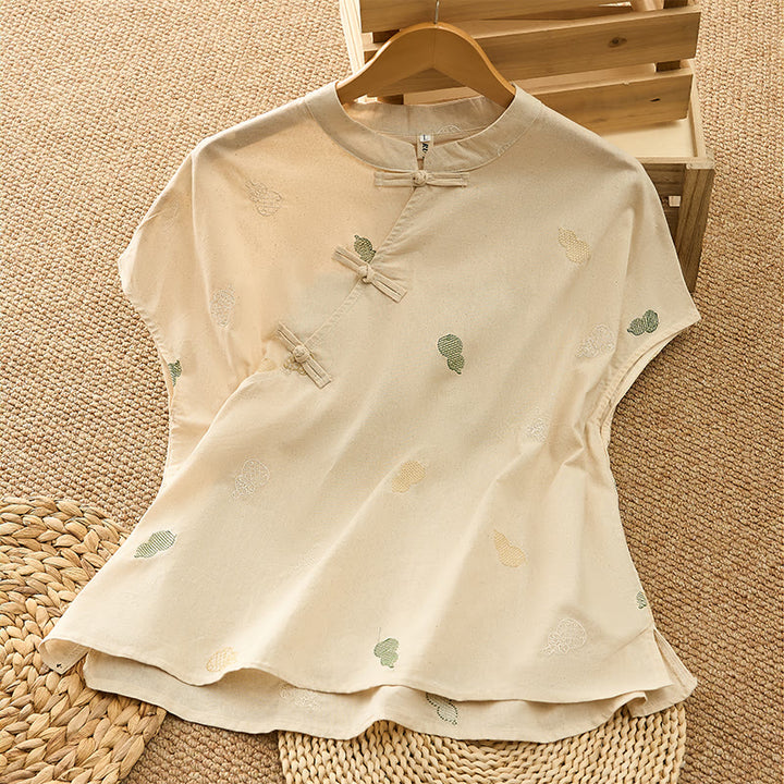 Buddha Stones Camicie da donna a maniche corte, stile estivo Tang, con colletto alla coreana, bottoni a rana e ricami a zucca. - Biancheria - US12, UK/AU16, EU44 (2XL) - image 12