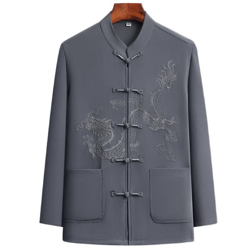 Buddha Stones Completo primavera/autunno stile Tang con colletto alla coreana, bottoni a rana, ricamo drago, camicia e pantaloni da uomo, abbigliamento da meditazione con tasche. - image 2