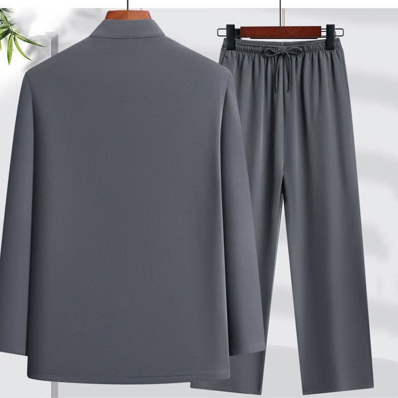 Buddha Stones Completo primavera/autunno stile Tang con colletto alla coreana, bottoni a rana, ricamo drago, camicia e pantaloni da uomo, abbigliamento da meditazione con tasche. - image 1