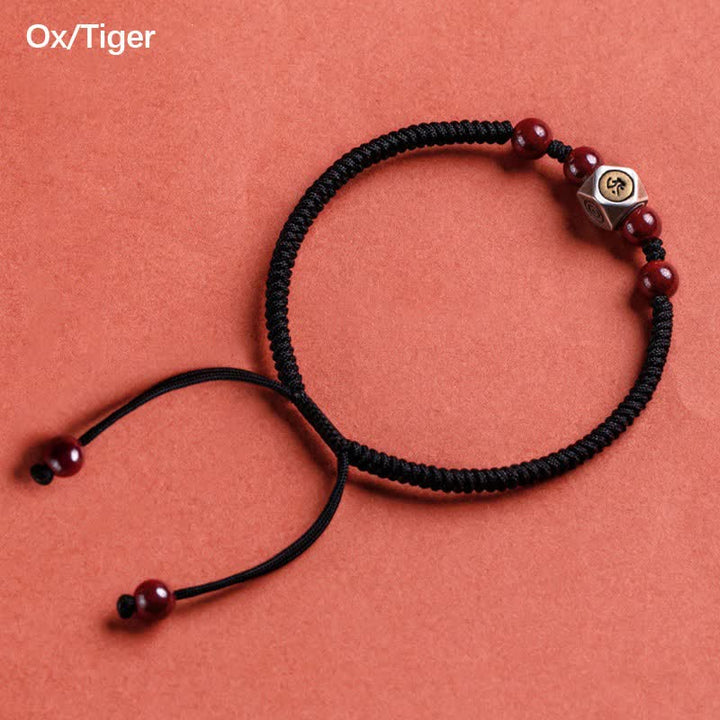 Braccialetto Buddha Stones in argento sterling 925 e ciondolo con segno zodiacale cinese in cinabro, simbolo di calma. - Bue/Tigre - Nero (circonferenza del polso 14-18 cm) - image 12