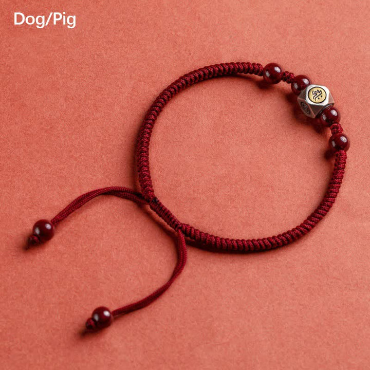 Braccialetto Buddha Stones in argento sterling 925 e ciondolo con segno zodiacale cinese in cinabro, simbolo di calma. - Cane/Maiale - Rosso (circonferenza del polso 14-18 cm) - image 23