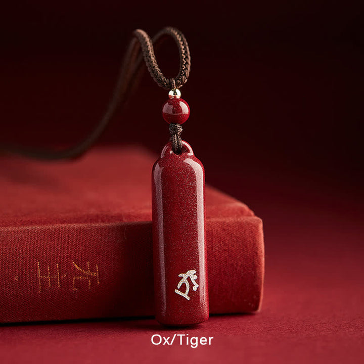 Collana con ciondolo e amuleto in cinabro con Buddha Stones segno zodiacale cinese, protezione con cordino. - Marrone - Bue/Tigre - image 10