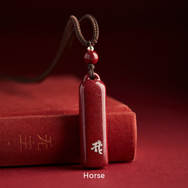 Collana con ciondolo e amuleto in cinabro con Buddha Stones segno zodiacale cinese, protezione con cordino. - Marrone - Cavallo - image 13