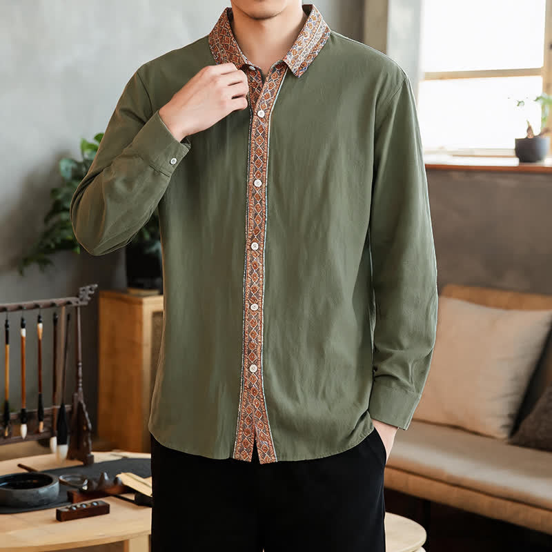 Buddha Stones Camicie da uomo a maniche lunghe, casual, vintage, con bottoni e motivo geometrico, per primavera/autunno. - Verde oliva scuro - US/UK/AU42, EU52 (3XL) - image 11