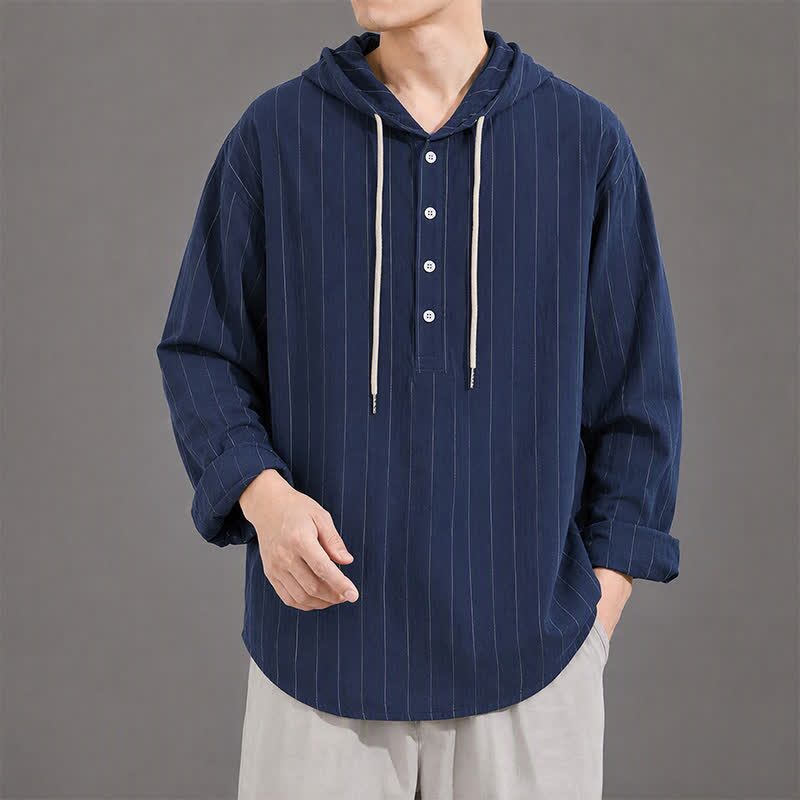 Buddha Stones Camicia da uomo a maniche lunghe a righe, casual, minimalista, con coulisse, ideale per la primavera. - Marina - US/UK/AU42, EU52 (3XL) - image 9