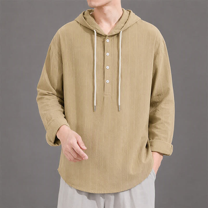 Buddha Stones Camicia da uomo a maniche lunghe a righe, casual, minimalista, con coulisse, ideale per la primavera. - Cachi scuro - US/UK/AU42, EU52 (3XL) - image 0