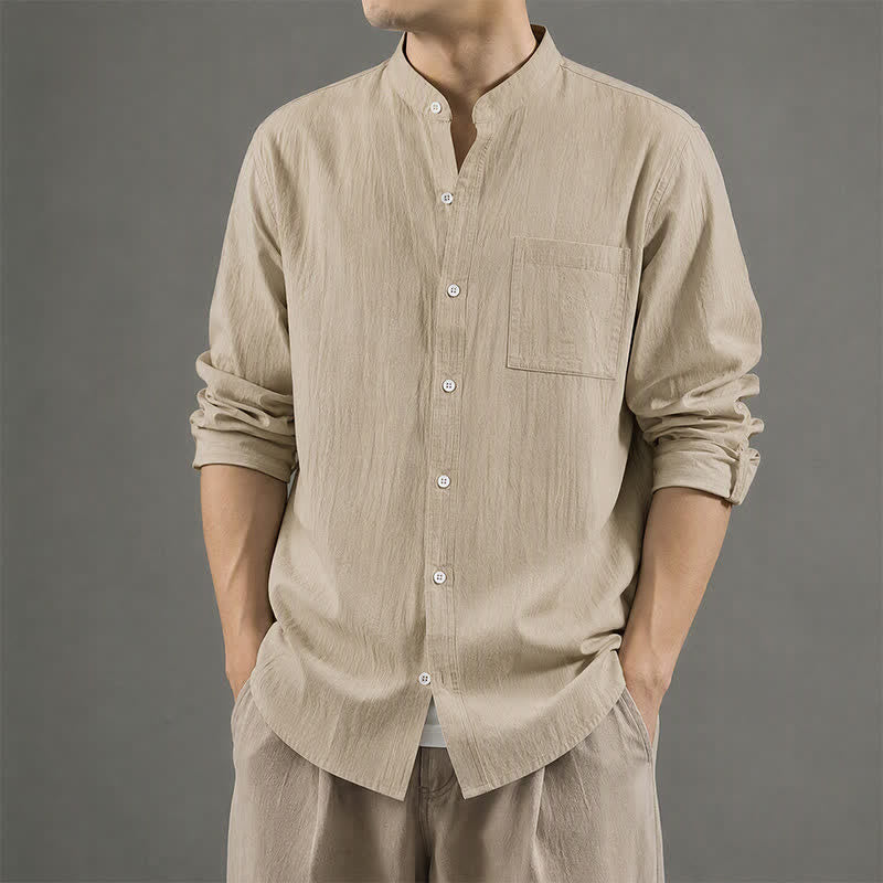 Buddha Stones Camicia da uomo a maniche lunghe, stile Tang, con colletto alla coreana, tinta unita, ideale per primavera/autunno, con taschino applicato. - image 11