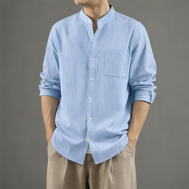 Buddha Stones Camicia da uomo a maniche lunghe, stile Tang, con colletto alla coreana, tinta unita, ideale per primavera/autunno, con taschino applicato. - image 1