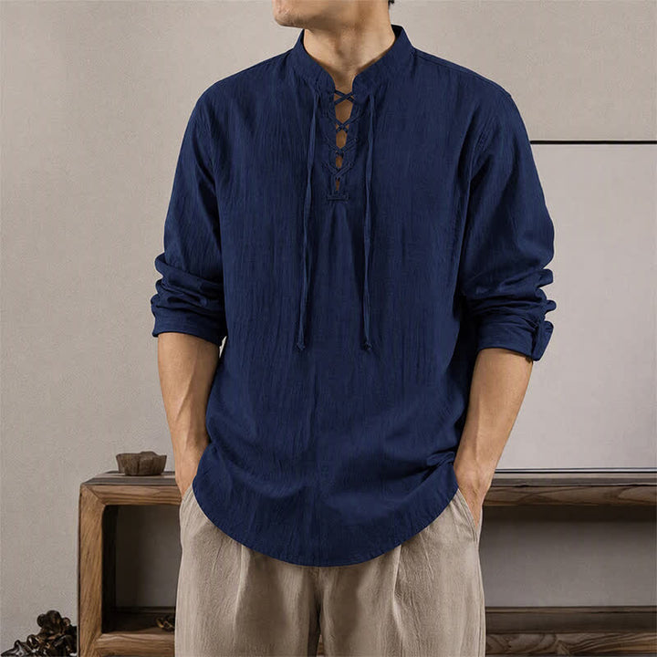 Buddha Stones Camicia da uomo a maniche lunghe in cotone e lino, stile casual, con coulisse, ideale per primavera e autunno. - Blu notte - US/UK/AU42, EU52 (3XL) - image 0