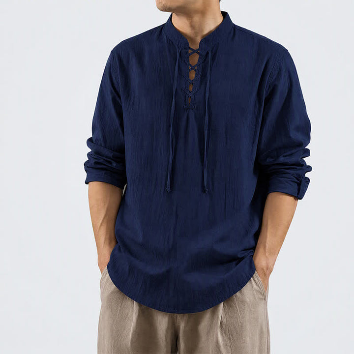 Buddha Stones Camicia da uomo a maniche lunghe in cotone e lino, stile casual, con coulisse, ideale per primavera e autunno. - image 1