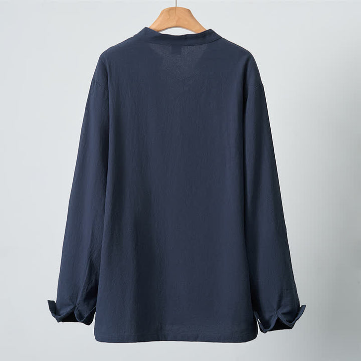 Buddha Stones Camicia da uomo a maniche lunghe in cotone e lino, stile casual, con coulisse, ideale per primavera e autunno. - image 3