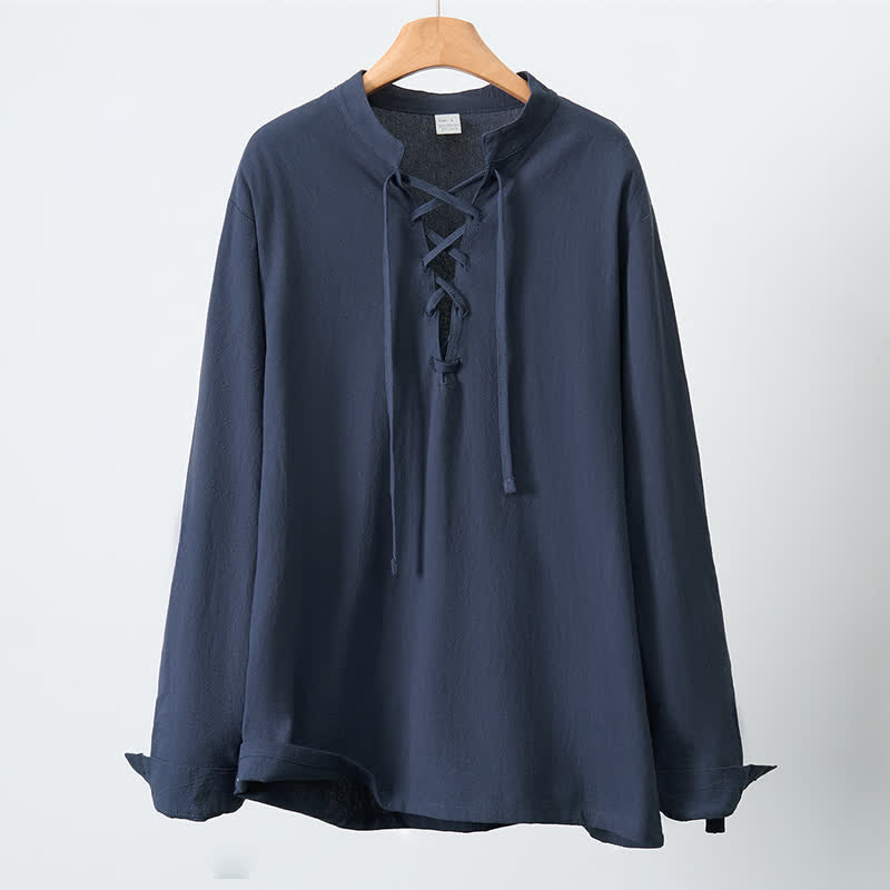 Buddha Stones Camicia da uomo a maniche lunghe in cotone e lino, stile casual, con coulisse, ideale per primavera e autunno. - image 2