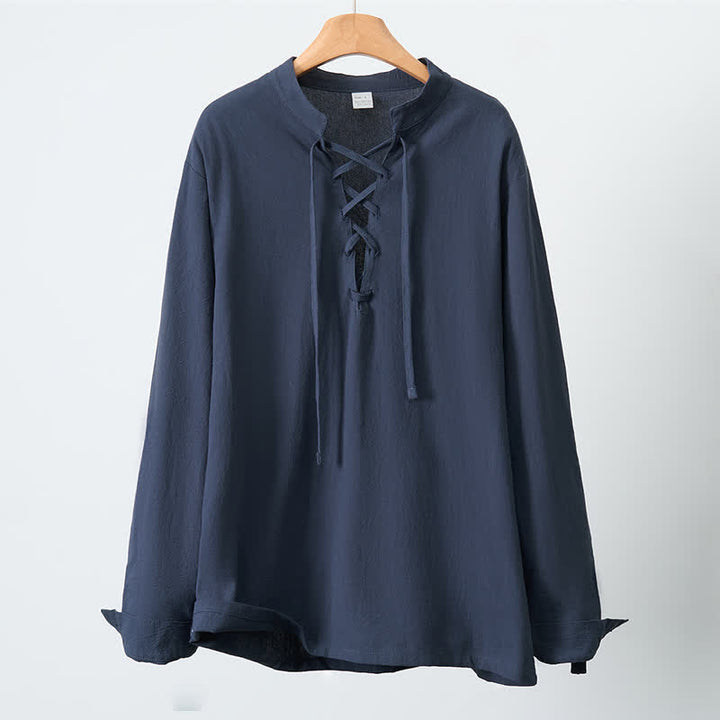 Buddha Stones Camicia da uomo a maniche lunghe in cotone e lino, stile casual, con coulisse, ideale per primavera e autunno. - image 2