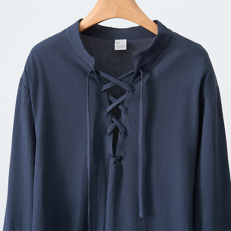 Buddha Stones Camicia da uomo a maniche lunghe in cotone e lino, stile casual, con coulisse, ideale per primavera e autunno. - image 4