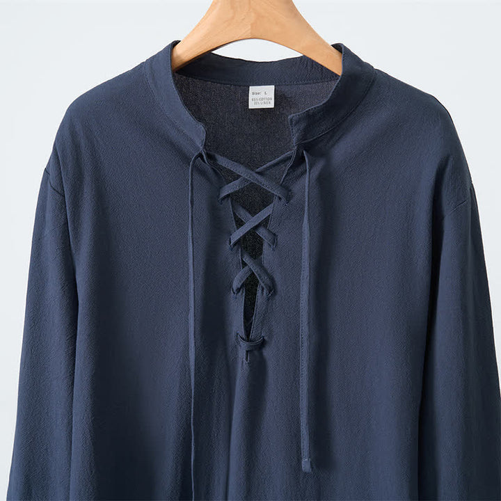 Buddha Stones Camicia da uomo a maniche lunghe in cotone e lino, stile casual, con coulisse, ideale per primavera e autunno. - image 4